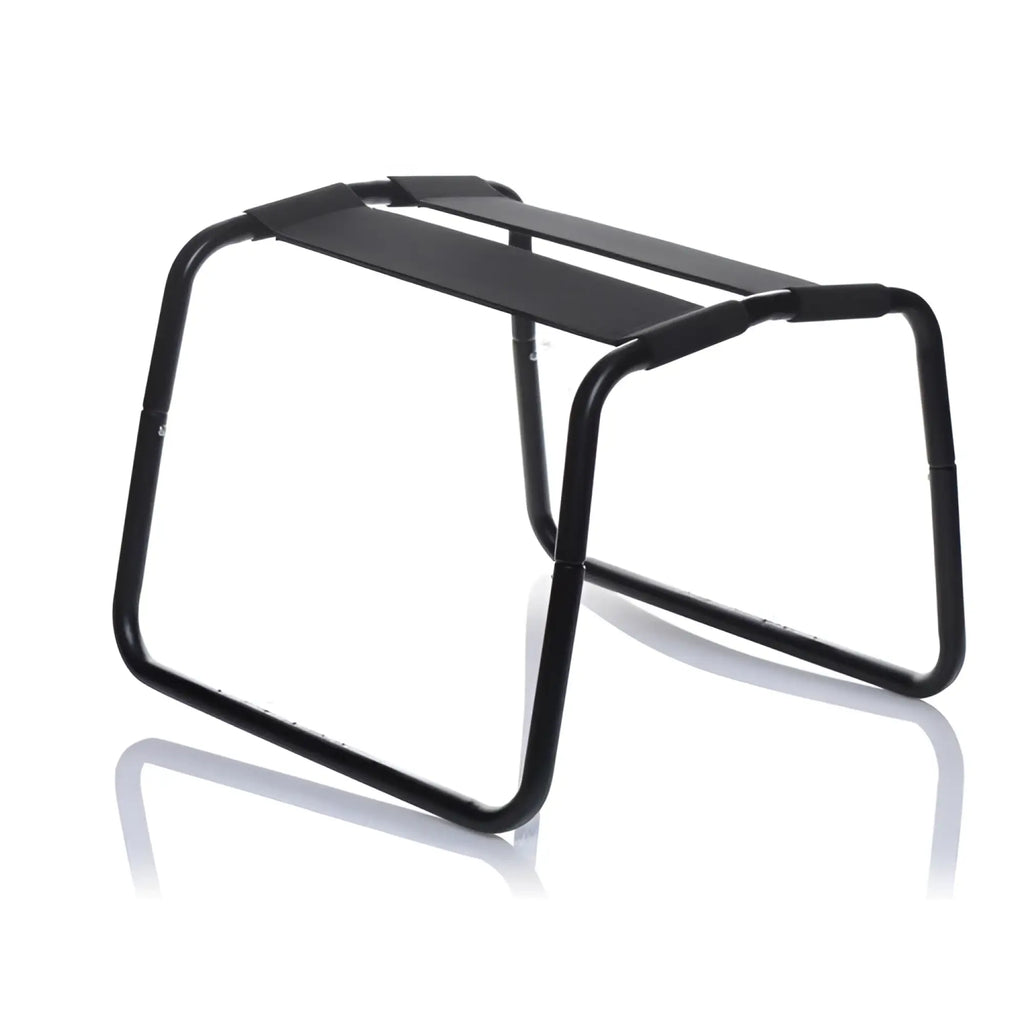 LoveBotz Extreme Sex Stool: A minimalist black metal frame stool with two adjustable fabric seat straps.