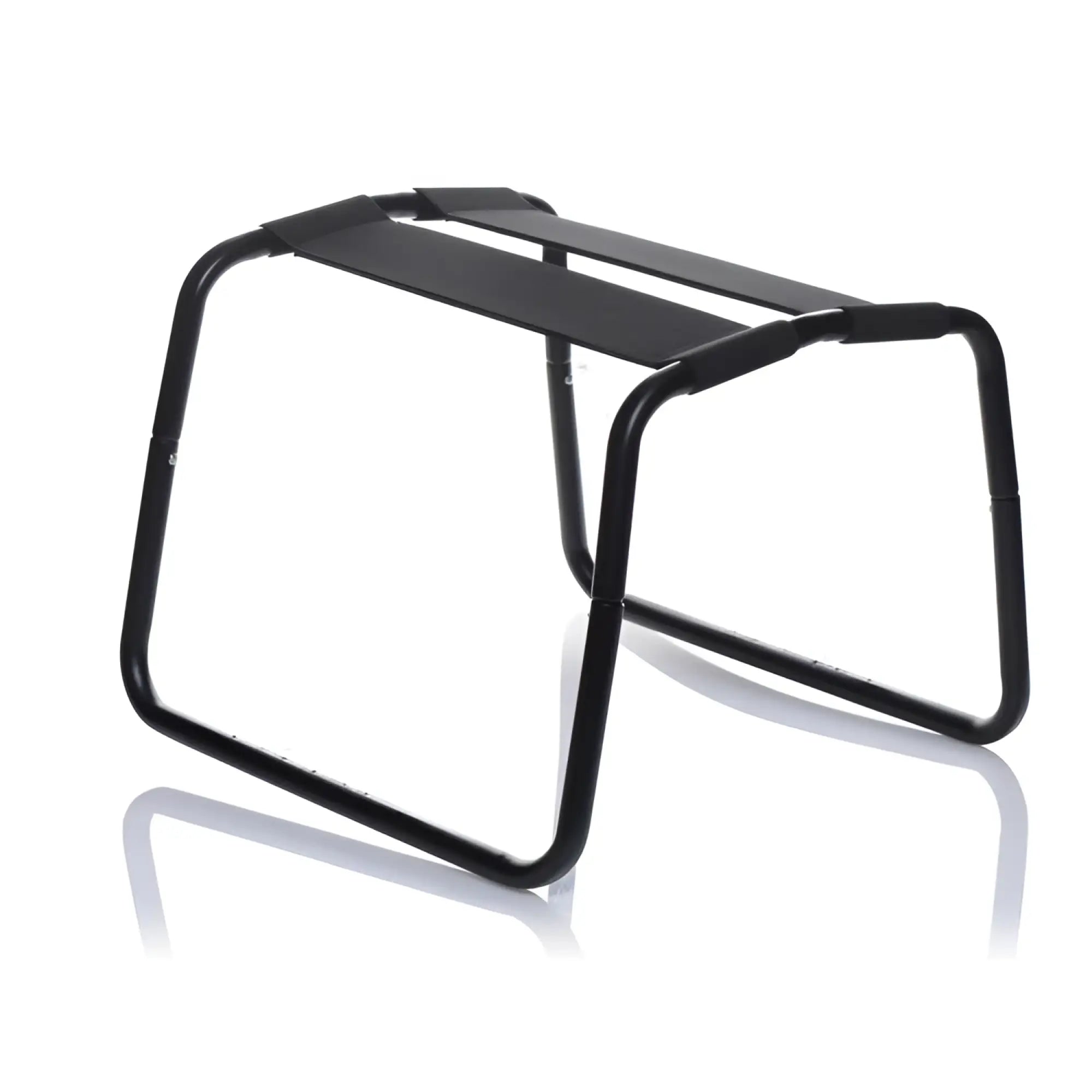 LoveBotz Extreme Sex Stool: A minimalist black metal frame stool with two adjustable fabric seat straps.