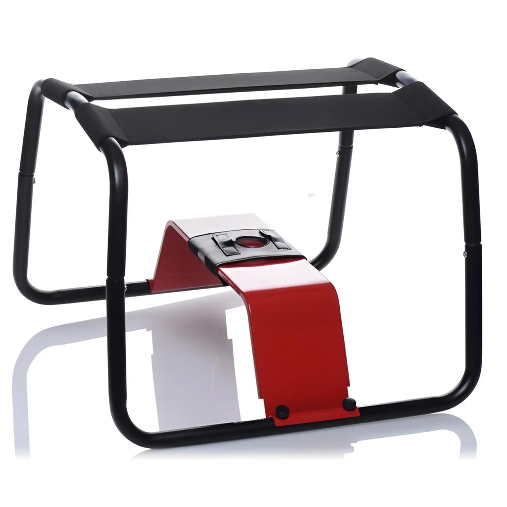 LoveBotz Extreme Sex Stool featuring a black metal frame with fabric seat straps and a central red support bracket.