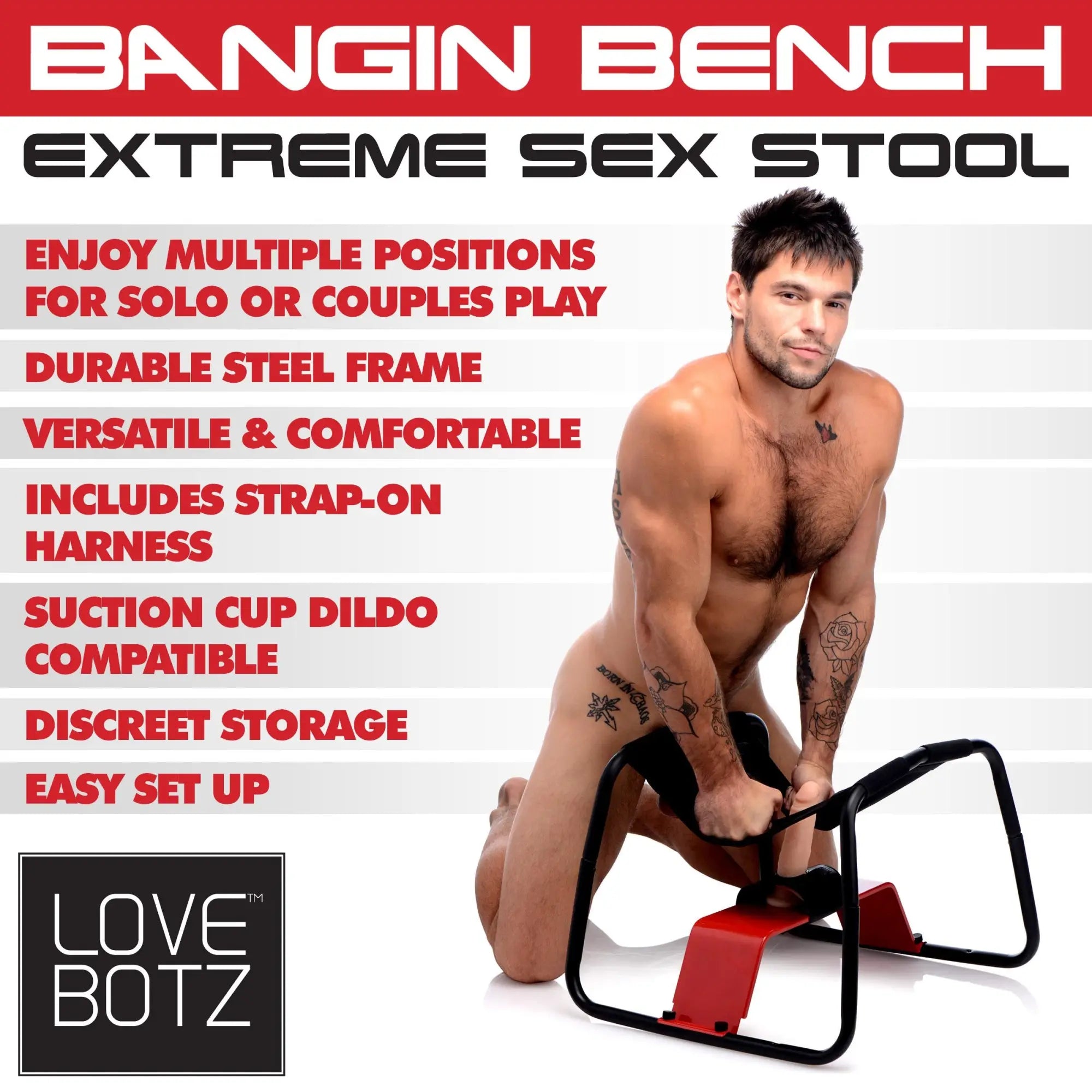 LoveBotz Extreme Sex Stool featuring a red and black steel frame with a man kneeling and using the equipment.