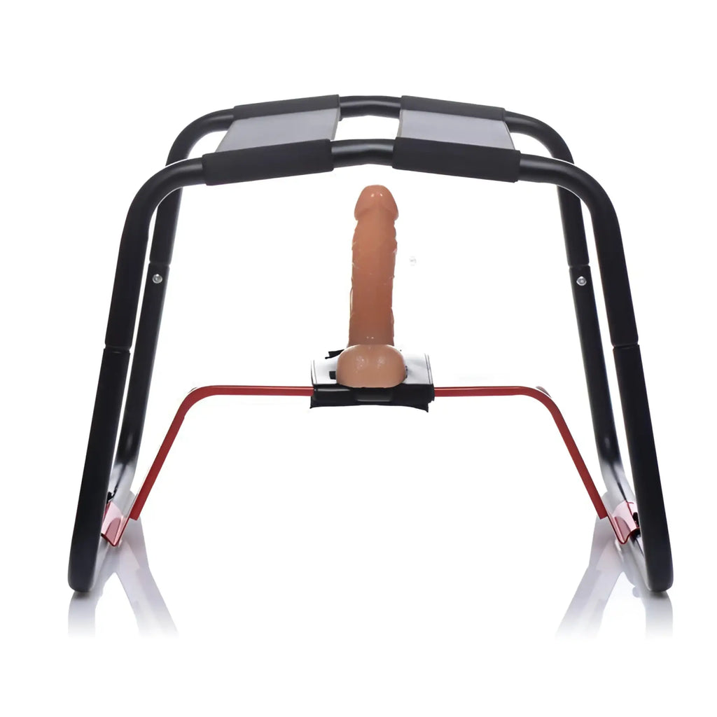 LoveBotz Extreme Sex Stool: A black and red metal frame featuring a skin-toned phallic attachment at the center.
