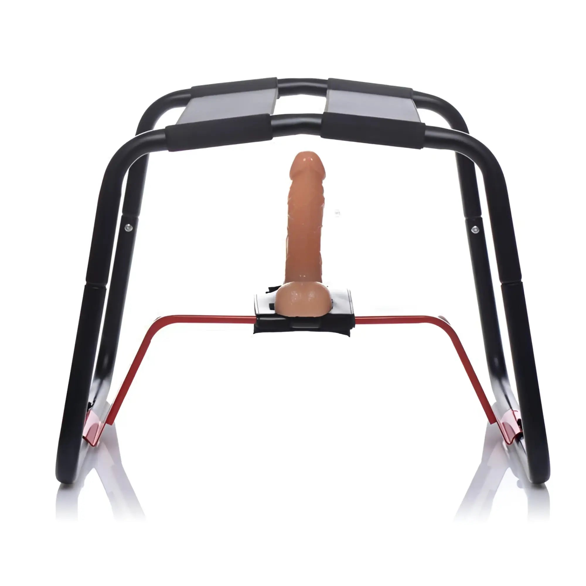 LoveBotz Extreme Sex Stool: A black and red metal frame featuring a skin-toned phallic attachment at the center.