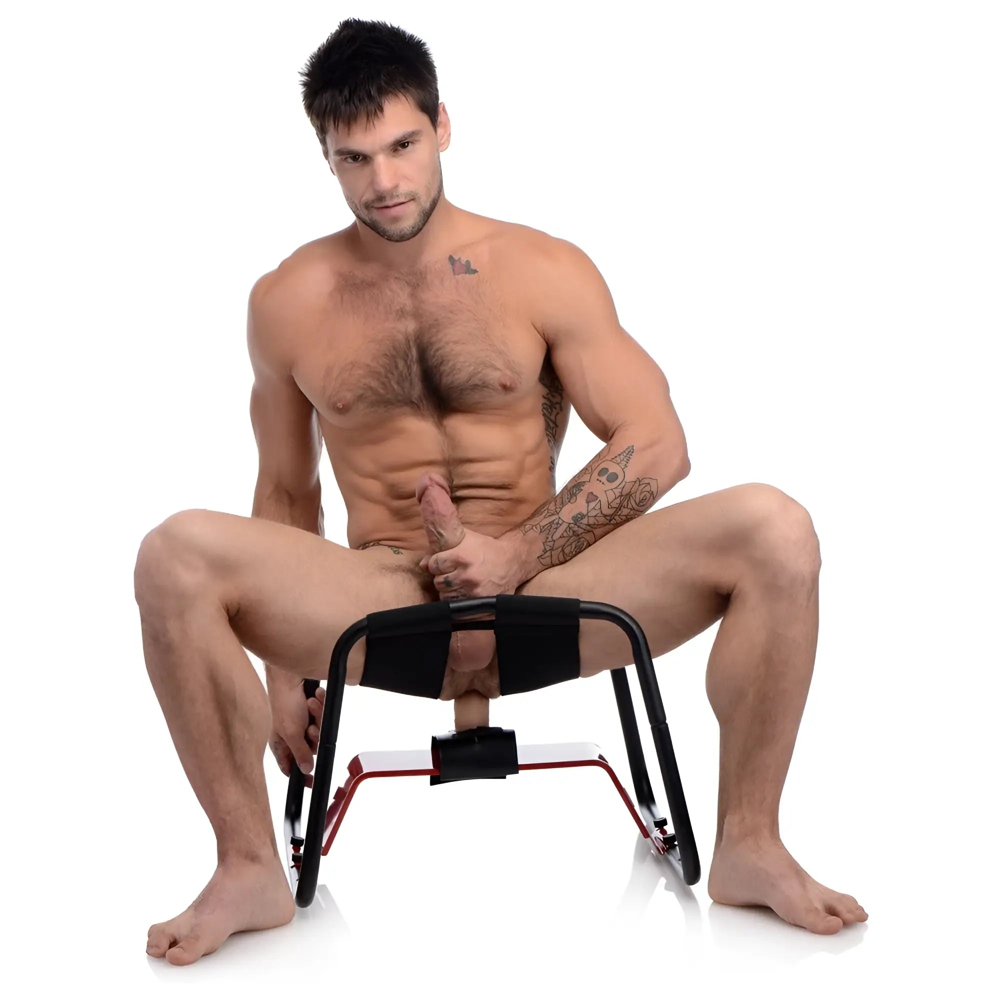 LoveBotz Extreme Sex Stool: A man using the black metal and red frame stool, designed for positioning.