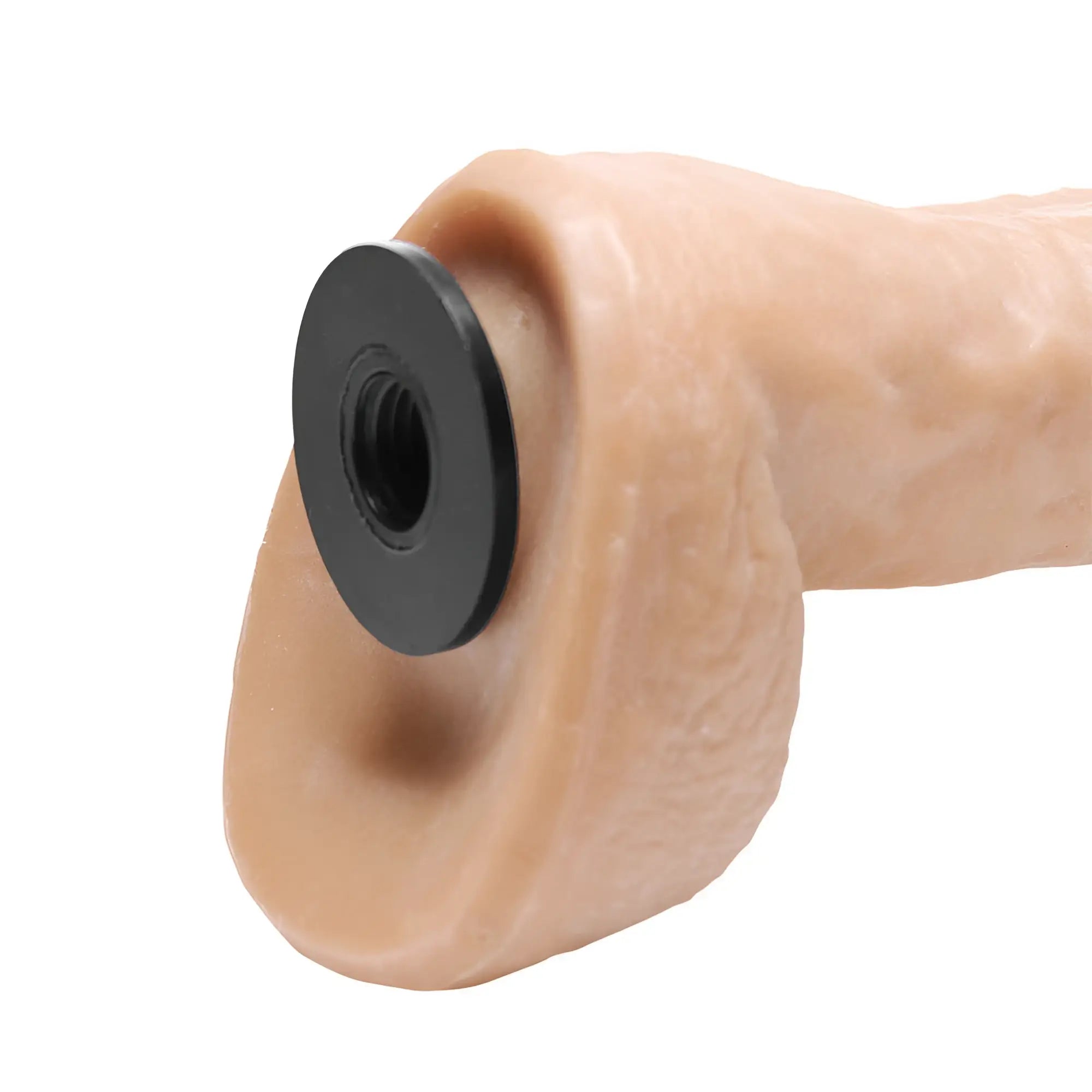 LoveBotz EZ Bend dildo attachment in realistic skin tone with a black threaded metal base connector on a white background.