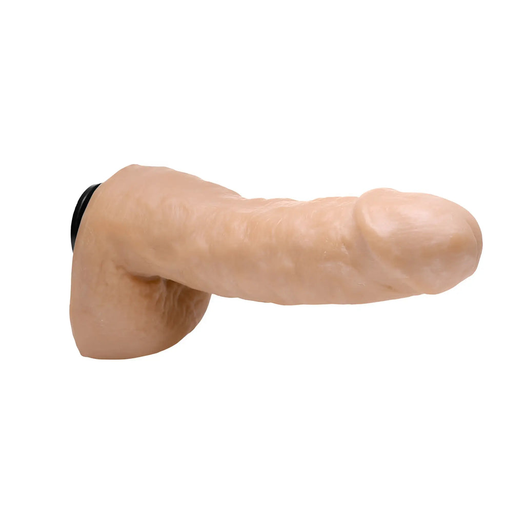 LoveBotz EZ Bend dildo attachment in realistic skin tone with a textured, phallic shape and black base.