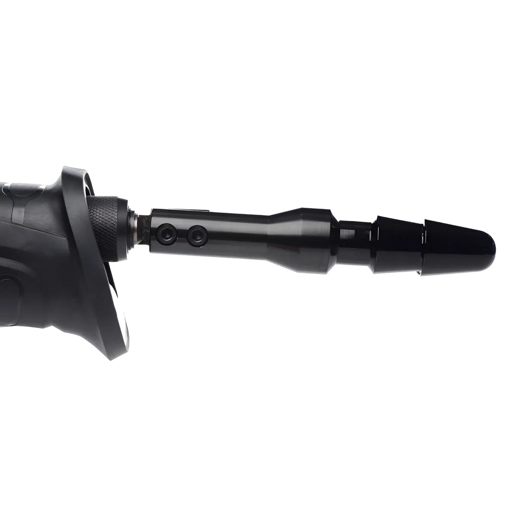 LoveBotz The Fucking Adapter: A sleek, black cylindrical attachment with a stepped, tapered tip on a handled base.