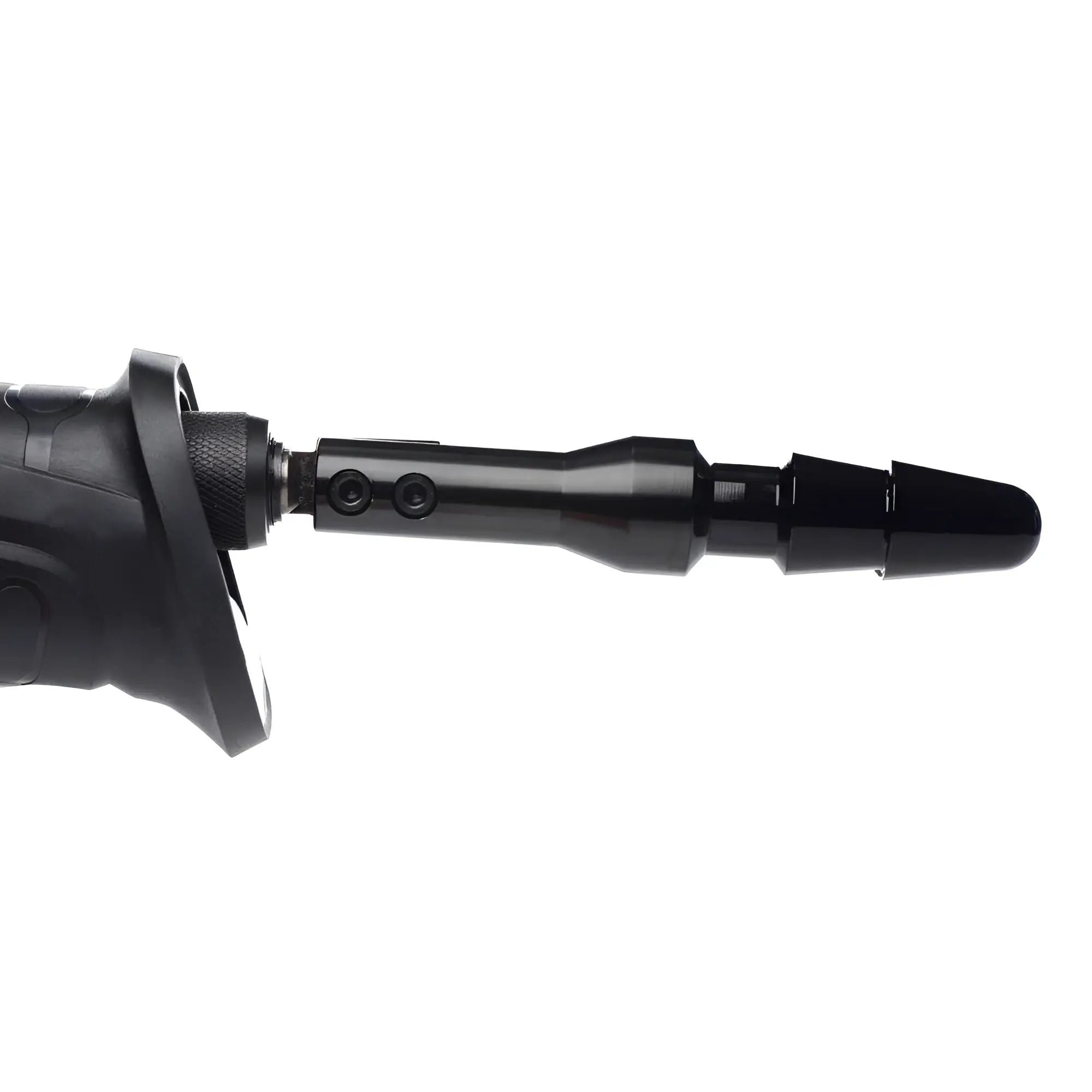 LoveBotz The Fucking Adapter: A sleek, black cylindrical attachment with a stepped, tapered tip on a handled base.