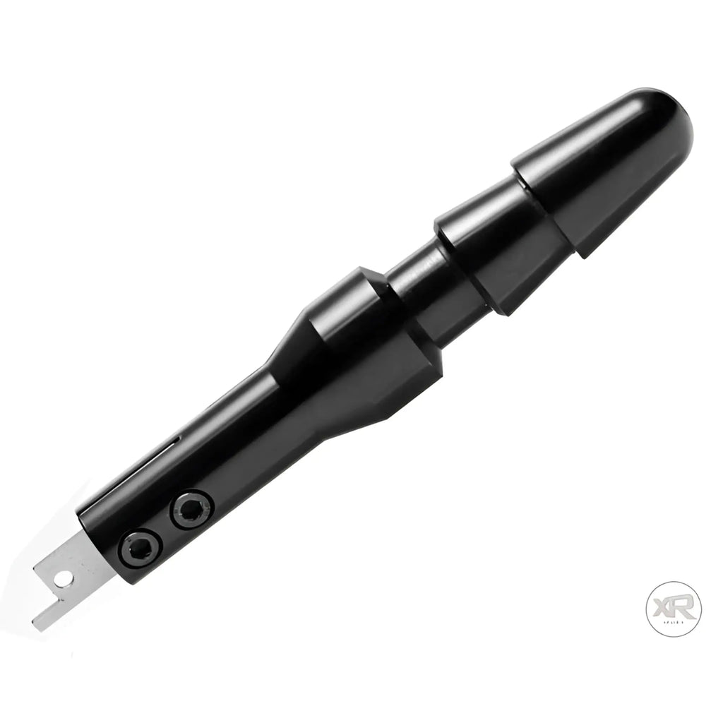 LoveBotz The Fucking Adapter Plus: a sleek, black cylindrical attachment with two side screws on a white background.