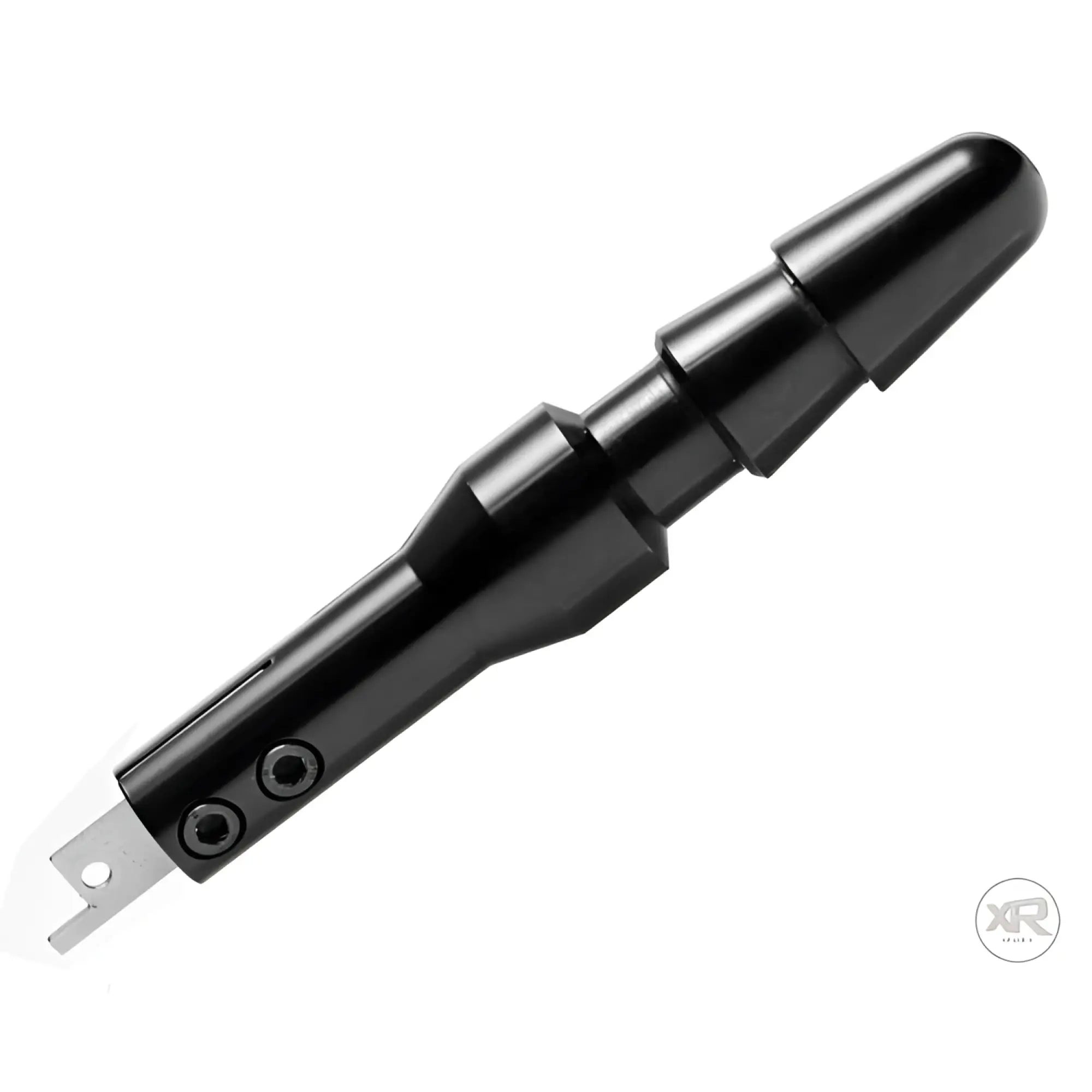 LoveBotz The Fucking Adapter Plus: a sleek, black cylindrical attachment with two side screws on a white background.