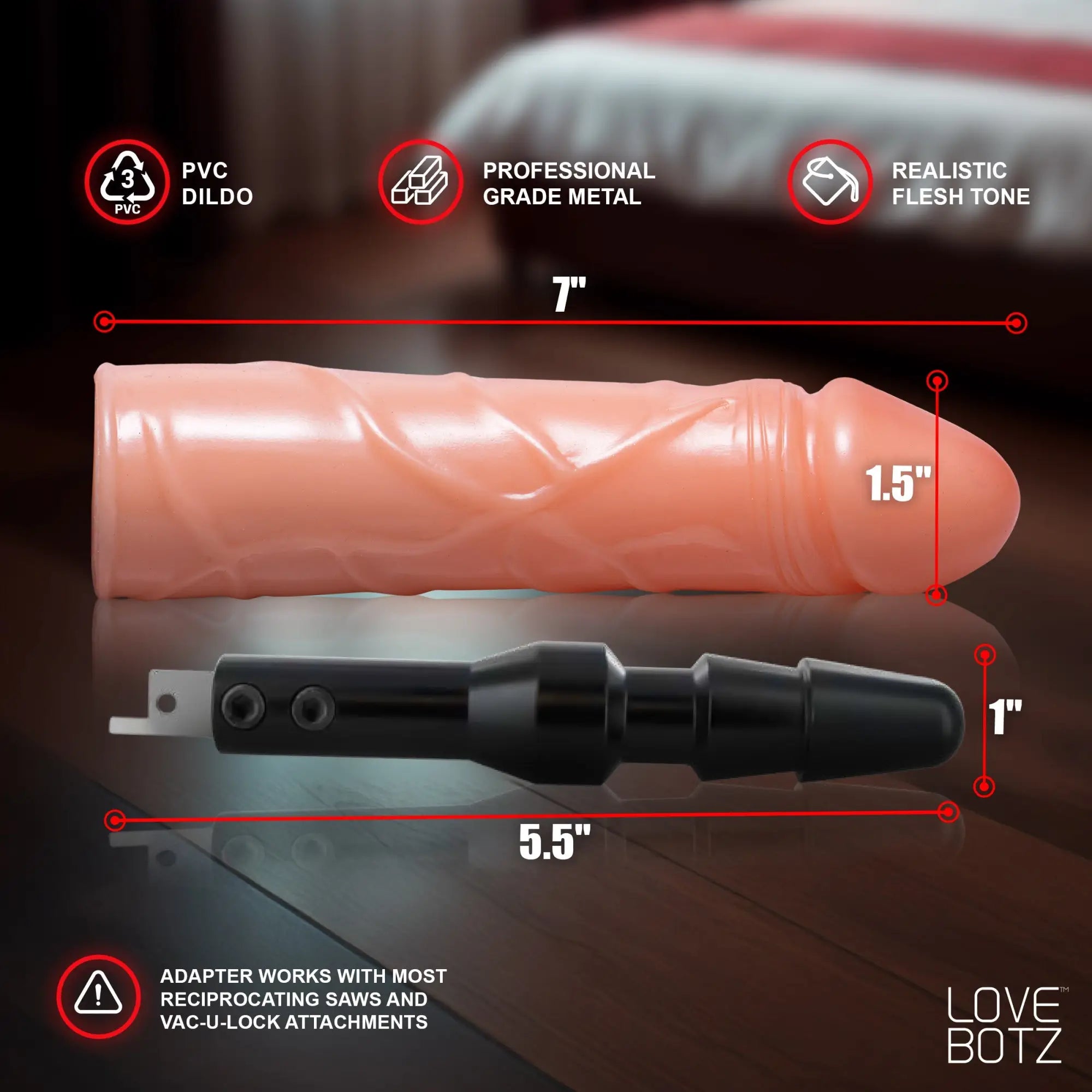 LoveBotz The Fucking Adapter Plus with a 7" realistic flesh-tone dildo and a 5.5" black metal connector tool.