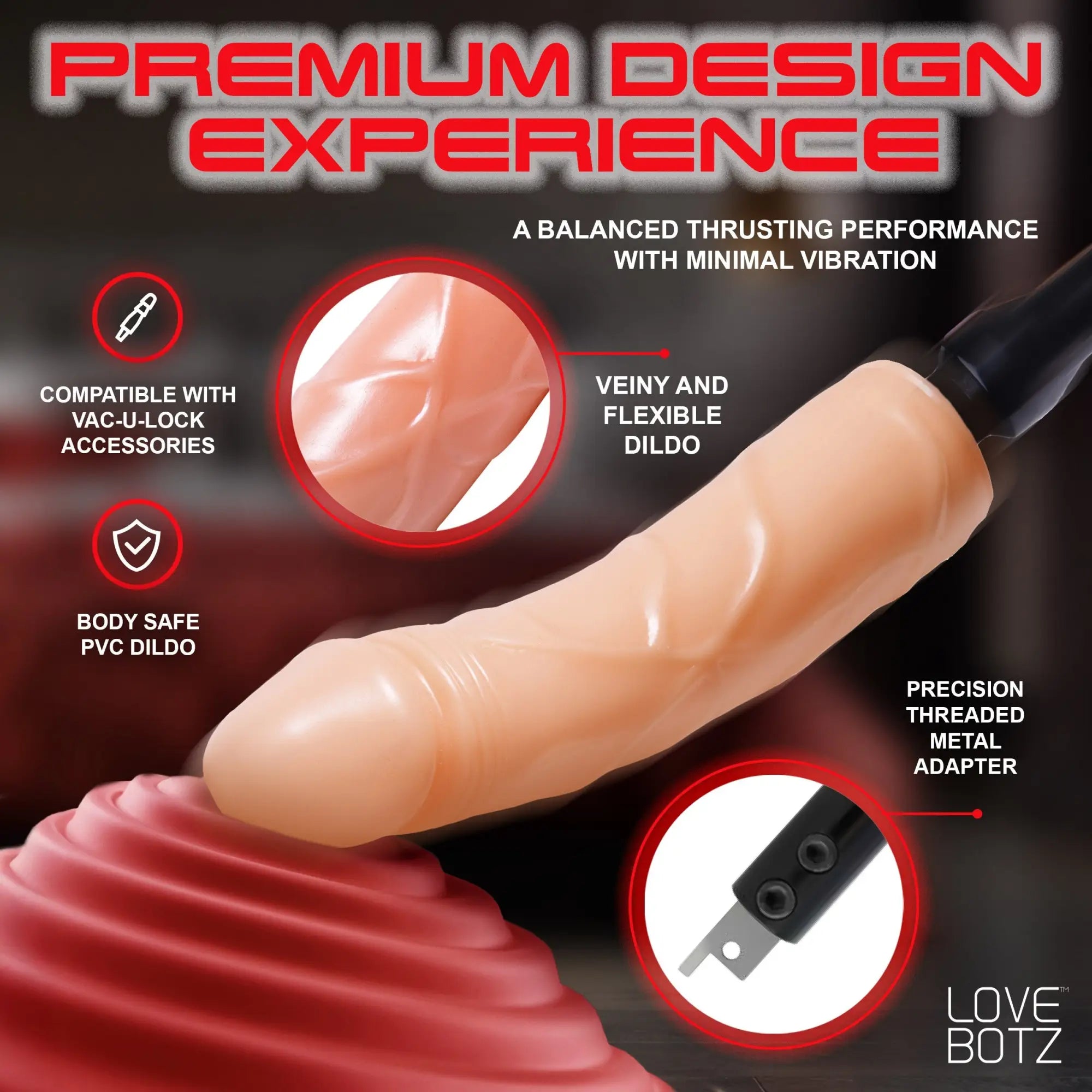 LoveBotz The Fucking Adapter Plus: a realistic, veiny tan dildo with a black metal adapter and red base.