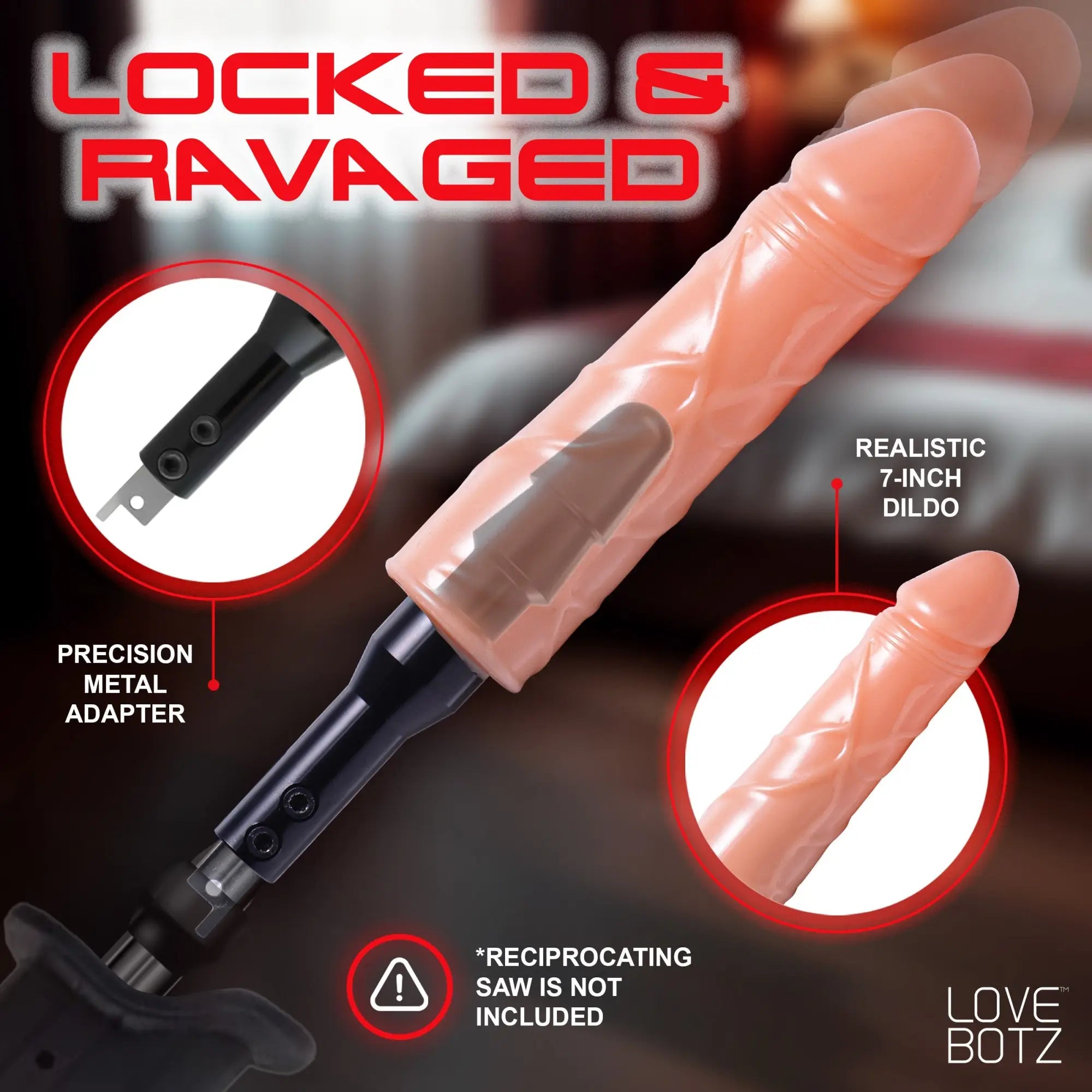 LoveBotz The Fucking Adapter Plus with a realistic 7-inch peach dildo attached to a black metal adapter.