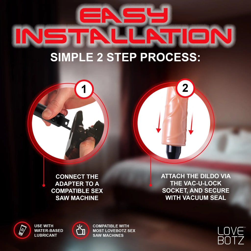 LoveBotz The Fucking Adapter Plus: two-step instruction graphic showing assembly of a beige dildo onto a black adapter.