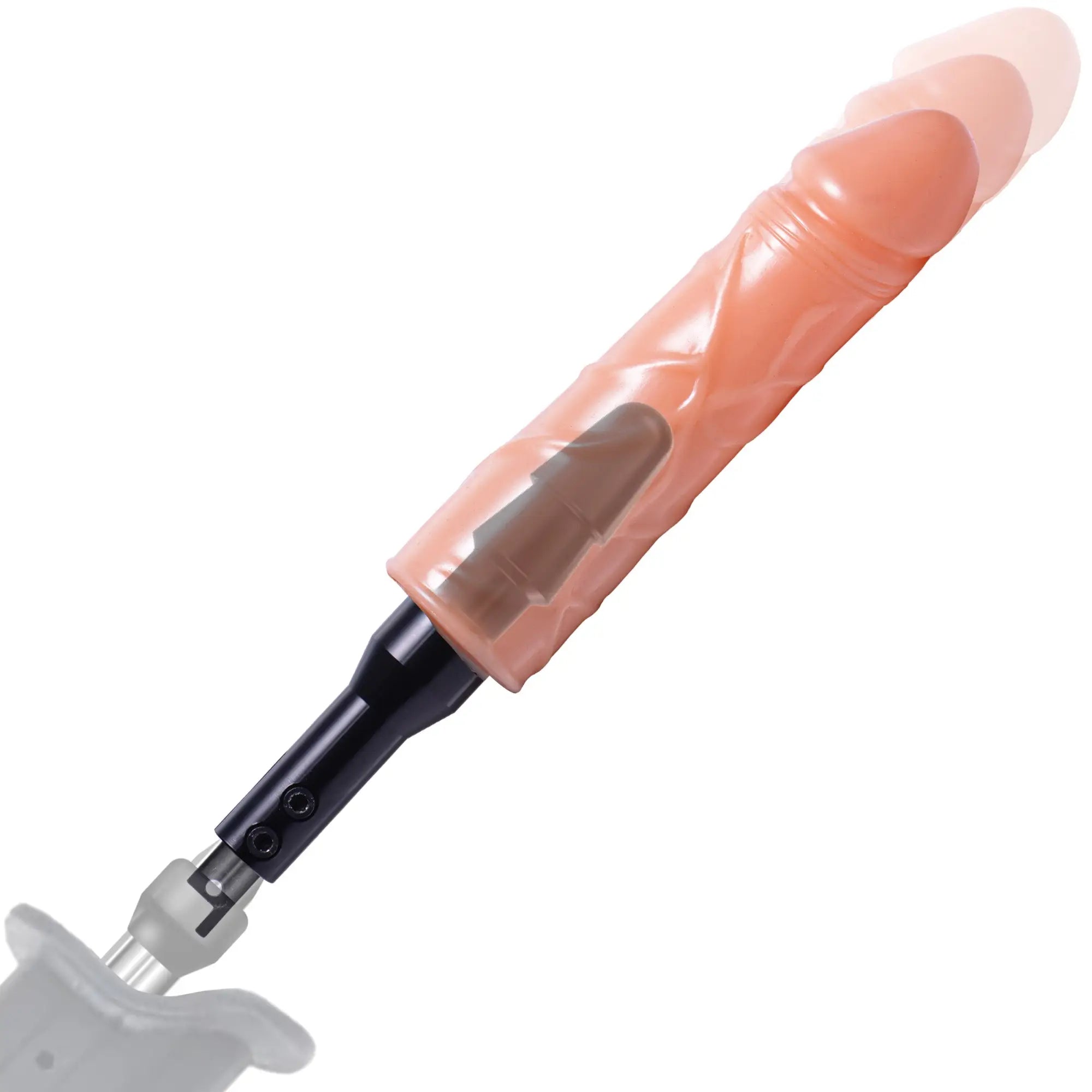 LoveBotz The Fucking Adapter Plus attached to a realistic, peach-toned textured dildo on a black metal base.