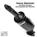 LoveBotz Jaxxx Hammer 2.0: A glossy black, rechargeable, multi-function sex machine with a ridged attachment.