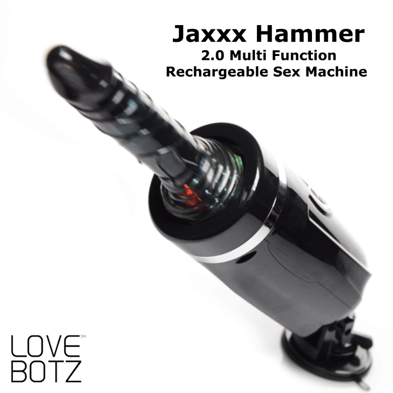 LoveBotz Jaxxx Hammer 2.0: A glossy black, rechargeable, multi-function sex machine with a ridged attachment.