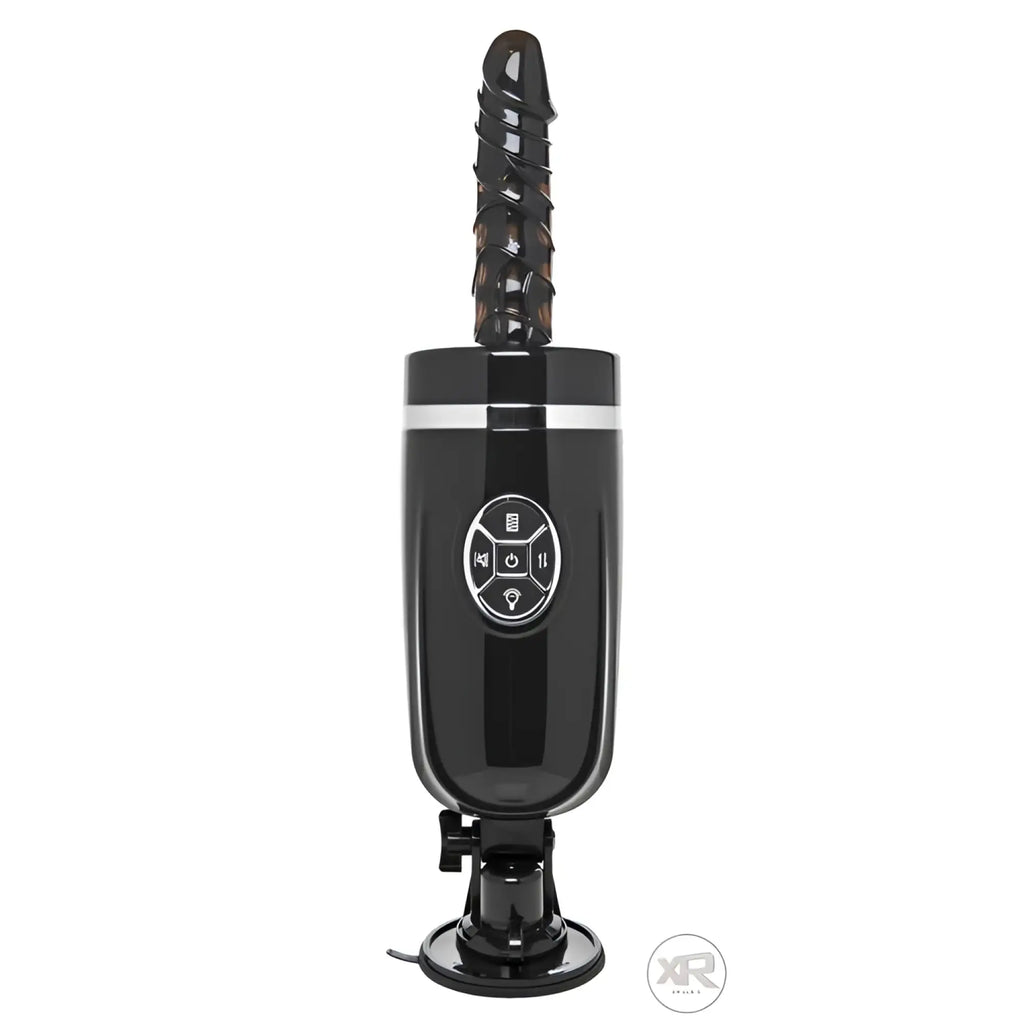 LoveBotz Jaxxx Hammer 2.0: Black rechargeable sex machine with a textured attachment and digital control panel.