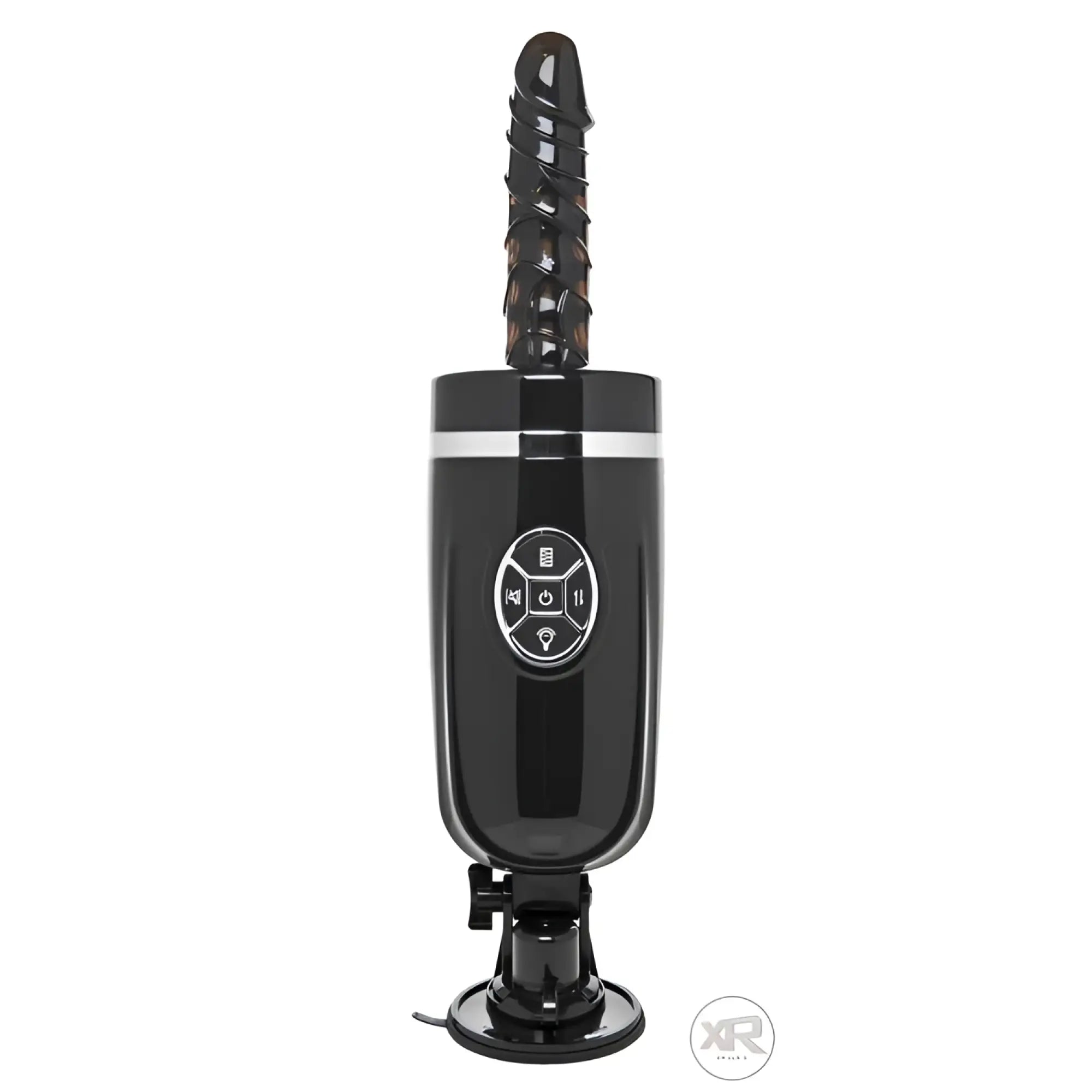 LoveBotz Jaxxx Hammer 2.0: Black rechargeable sex machine with a textured attachment and digital control panel.