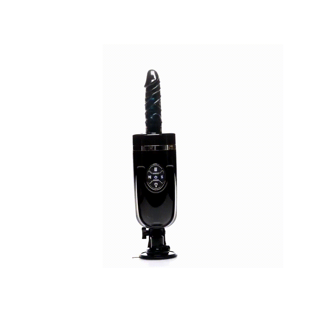 LoveBotz Jaxxx Hammer 2.0: Black rechargeable sex machine with a spiral textured attachment and control interface.