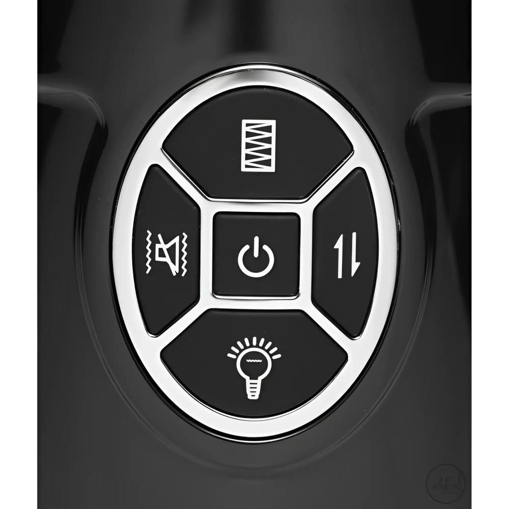 LoveBotz Jaxxx Hammer 2.0 control panel: glossy black surface with silver-rimmed buttons featuring white mode icons.
