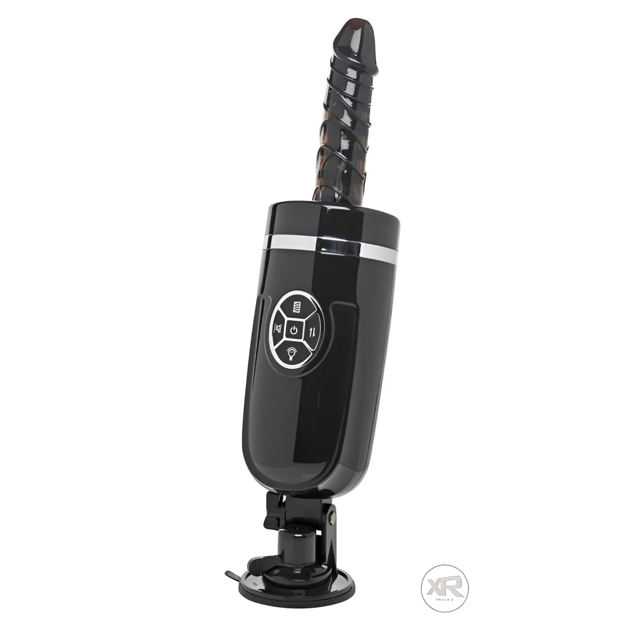 LoveBotz Jaxxx Hammer 2.0: Black rechargeable sex machine with a textured phallic attachment and digital control panel.