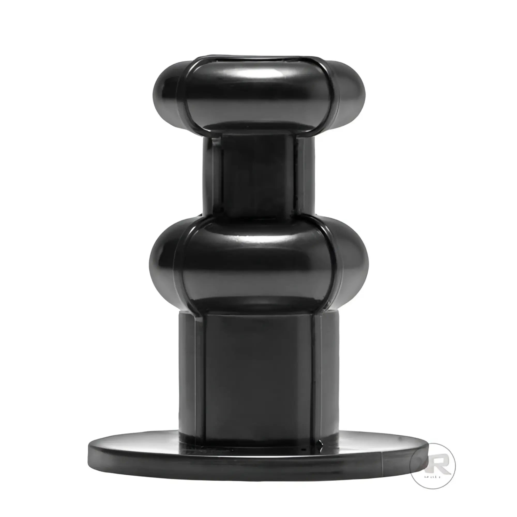 LoveBotz dildo adaptor in black, featuring a sturdy cylindrical base and a dual-bulbed neck design.