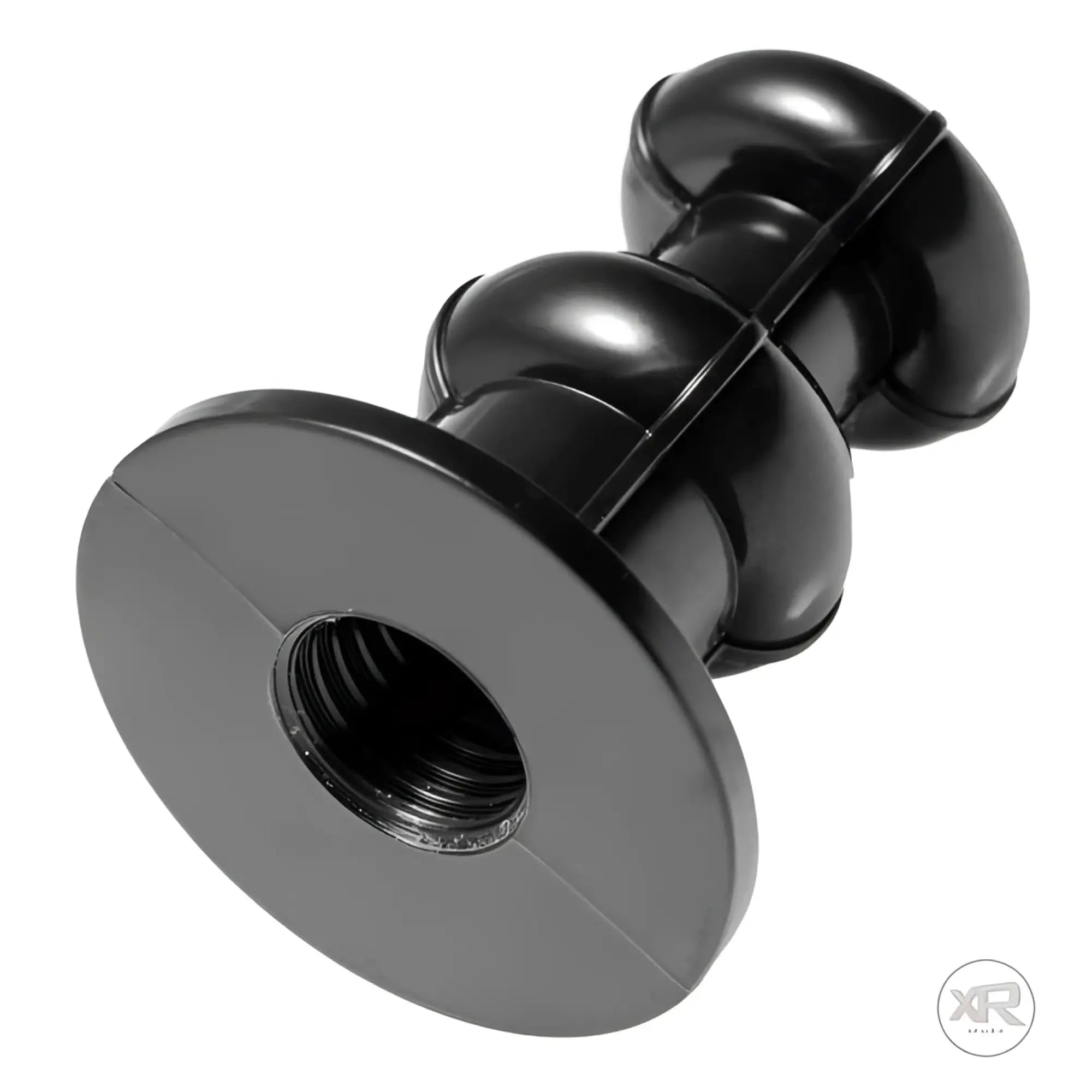 LoveBotz dildo adaptor in glossy black. The device features a round threaded base and a tiered, bulbous stem design.