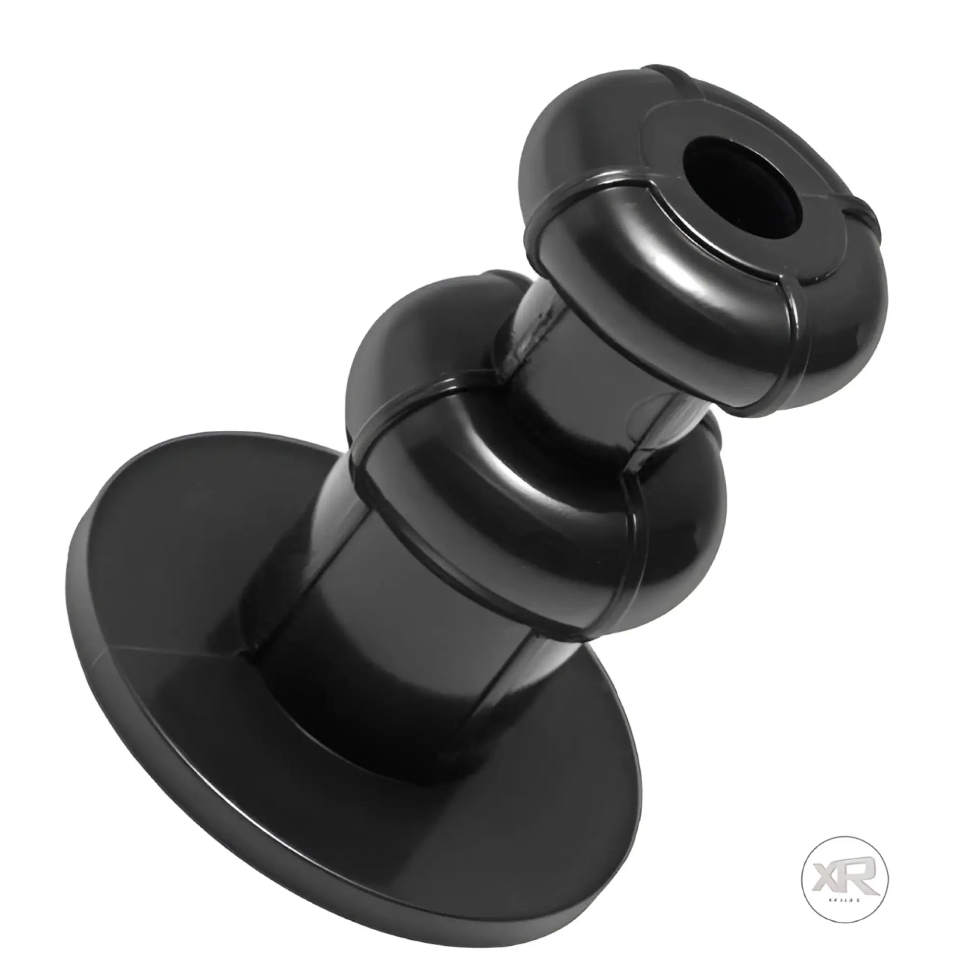 LoveBotz dildo adaptor in black, featuring a wide circular base and a tiered, bulbous shaft design.