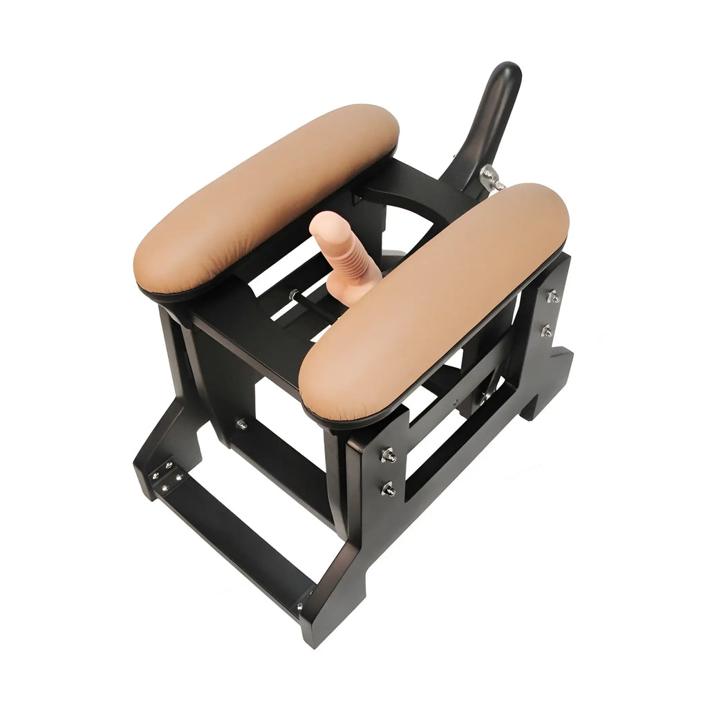 LoveBotz Love Glider machine featuring a black frame, tan padded armrests, and a centered beige phallic attachment.