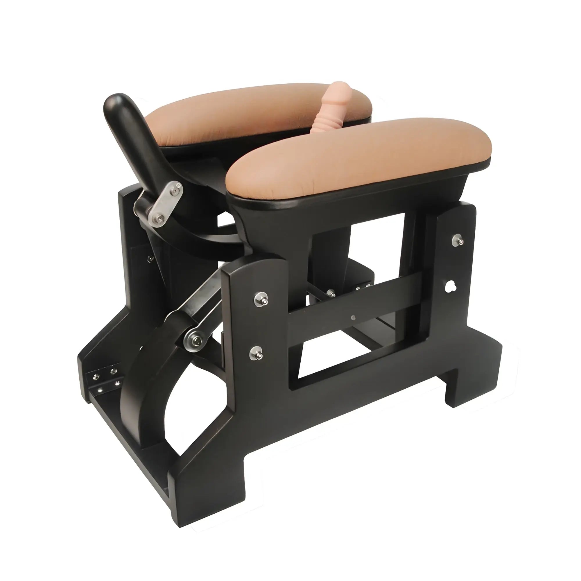 LoveBotz Love Glider machine with black frame, tan cushioned seating, and a central dildo attachment.