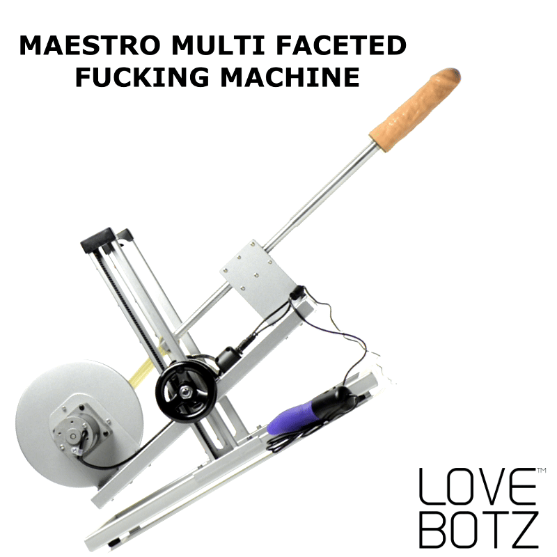 LoveBotz Maestro machine with metal frame, motorized wheel, and a realistic skin-tone dildo attachment.