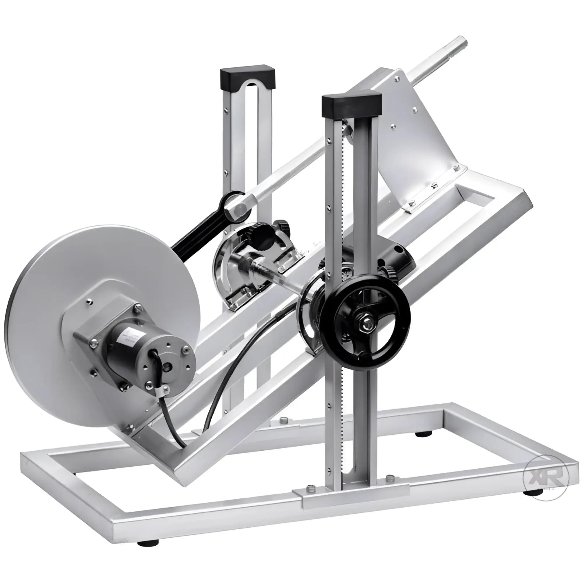 LoveBotz Maestro: A silver, industrial-style metal motorized sex machine with an adjustable frame and black hand wheel.