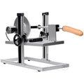 LoveBotz Maestro machine: silver industrial frame with mechanical components and a tan phallic attachment.