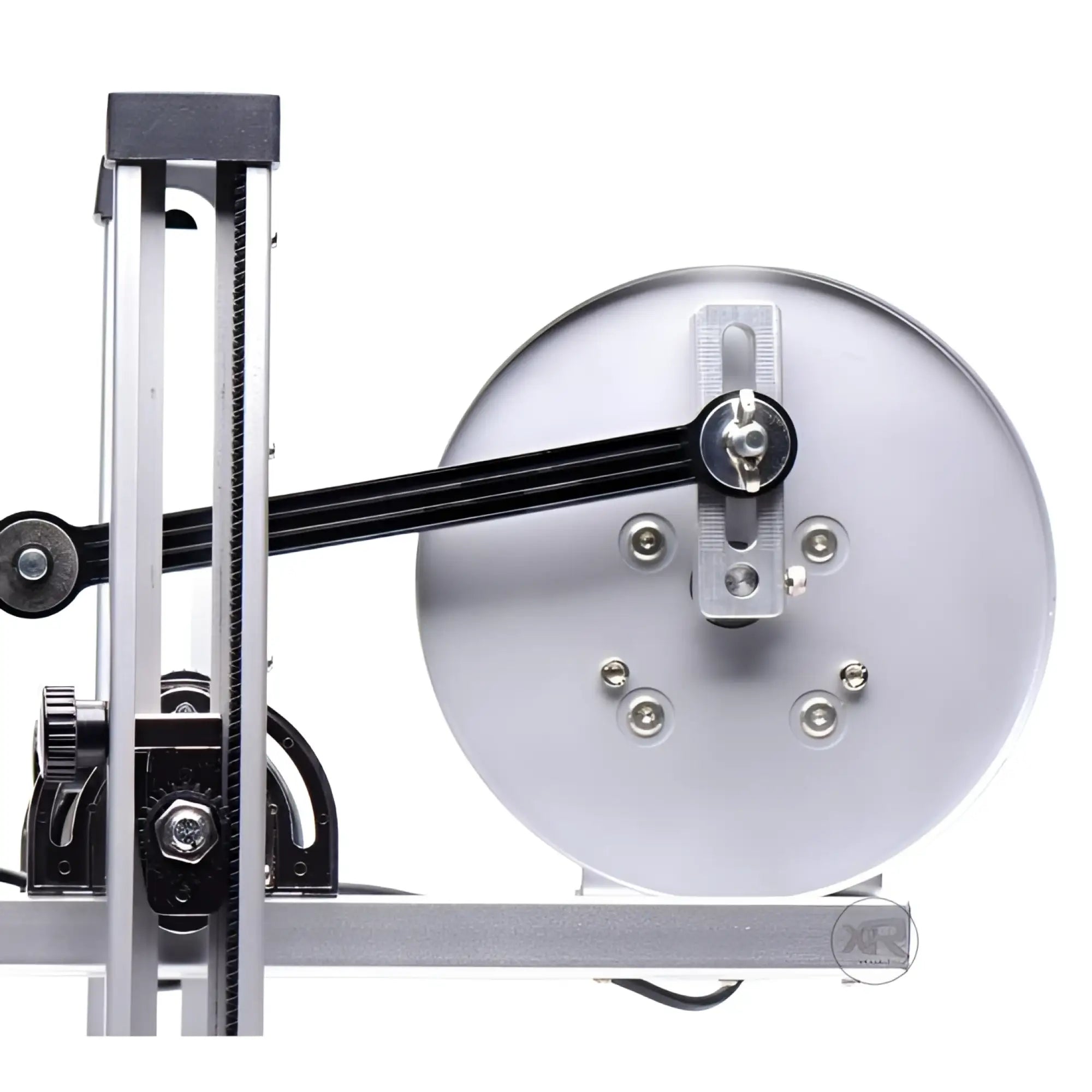 LoveBotz Maestro machine: A silver, industrial-style mechanical device with a circular flywheel and connecting arm.