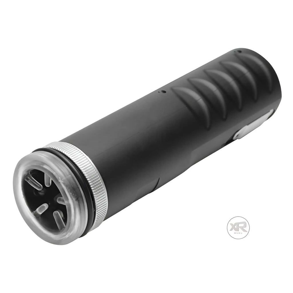 LoveBotz Master-Bot: A black, handheld automatic masturbation device with a clear textured sleeve and silver trim.