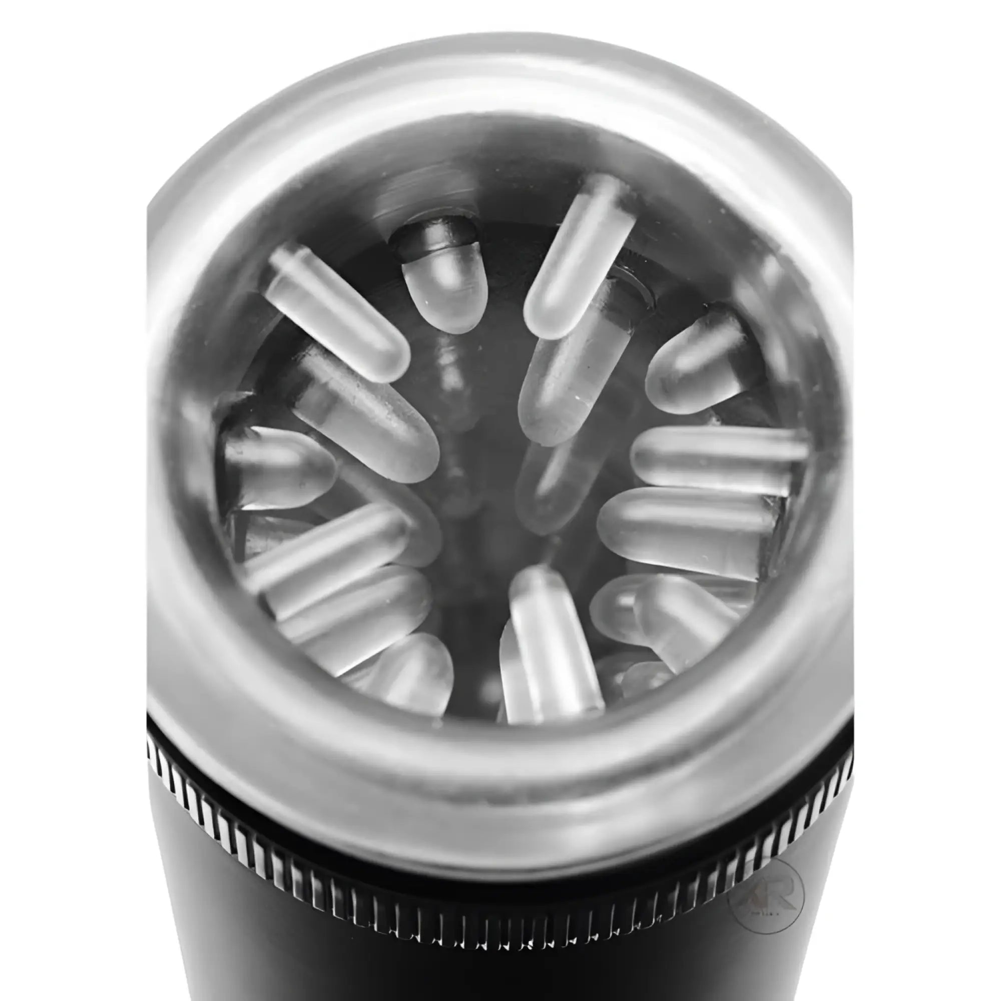 LoveBotz Master-Bot featuring a black cylindrical base with a textured, clear silicone interior.