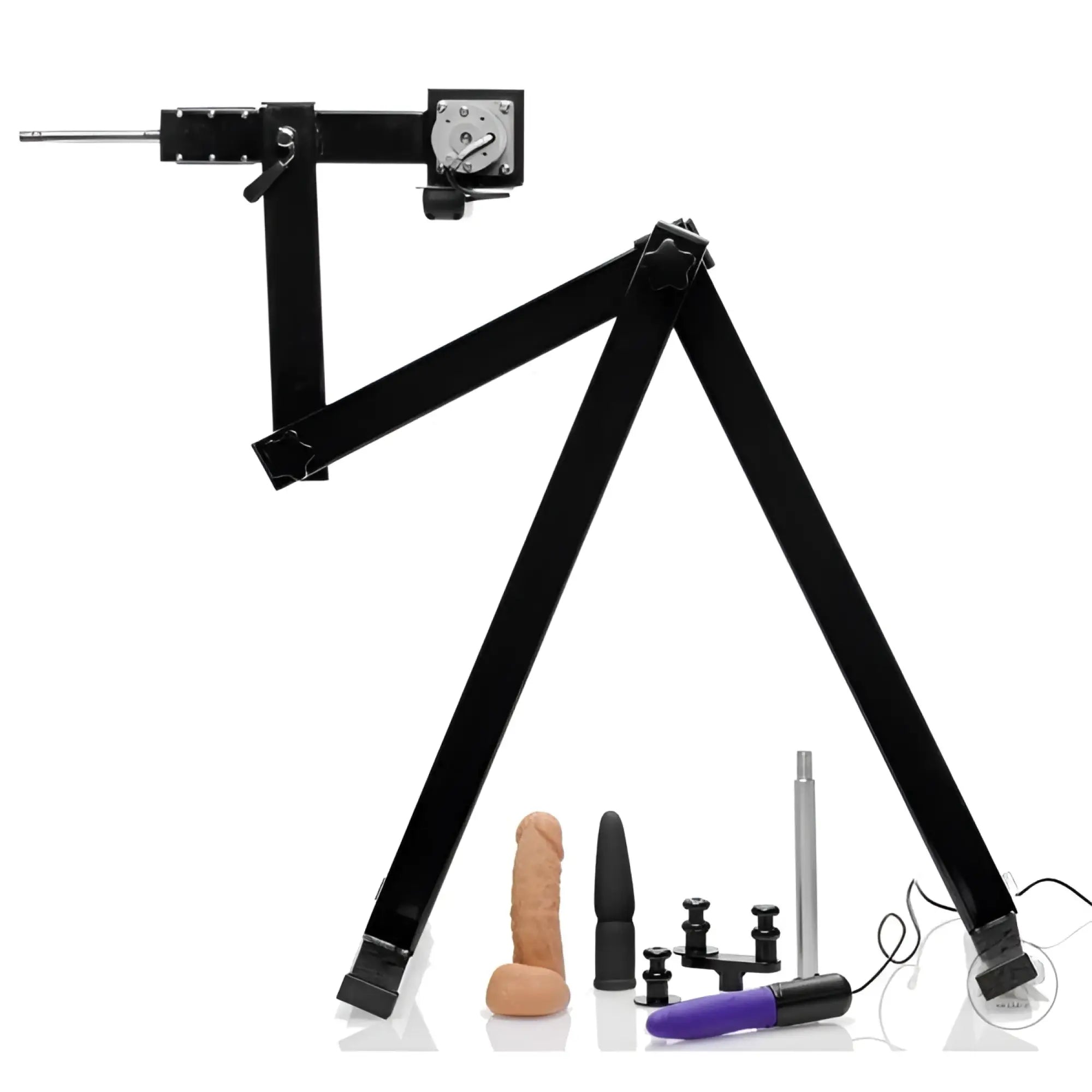 LoveBotz Matrix Multi-Angle Machine: A black, adjustable metal frame with motor and various attachments on white.