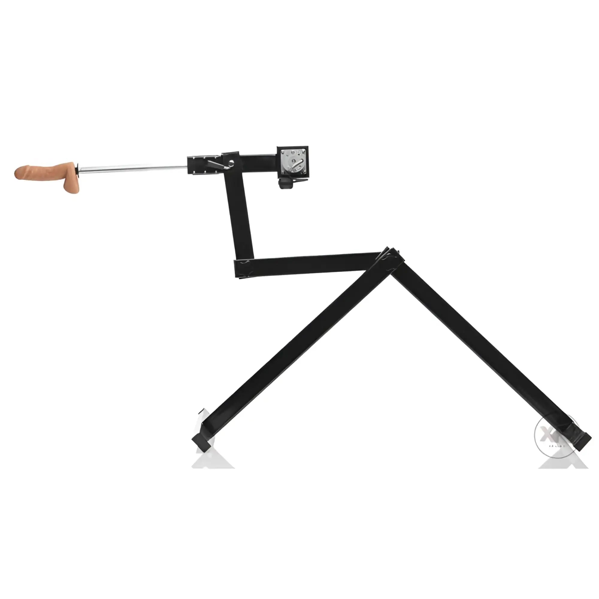 LoveBotz Matrix Multi-Angle Machine: A black, adjustable metal frame with an extended mechanical phallic attachment.