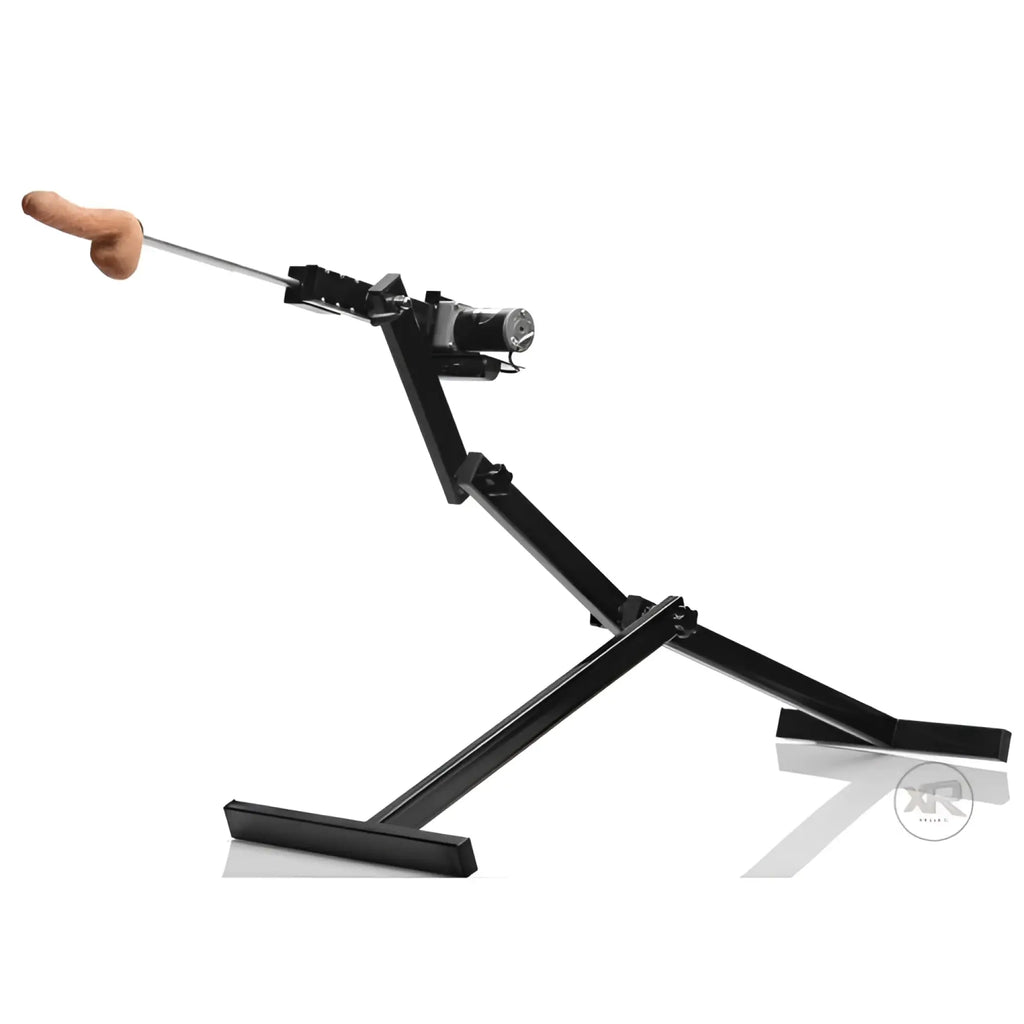 LoveBotz Matrix Multi-Angle Machine: A black, adjustable metal frame with a motorized rod and a tan phallic attachment.