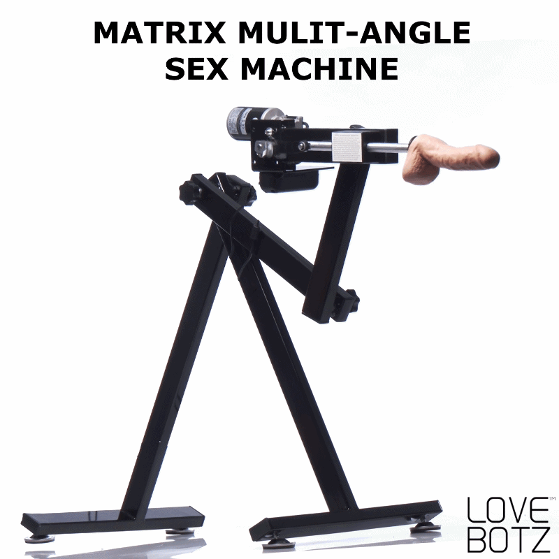 LoveBotz Matrix machine: a black, adjustable metal frame with a motorized thrusting unit and realistic dildo attachment.