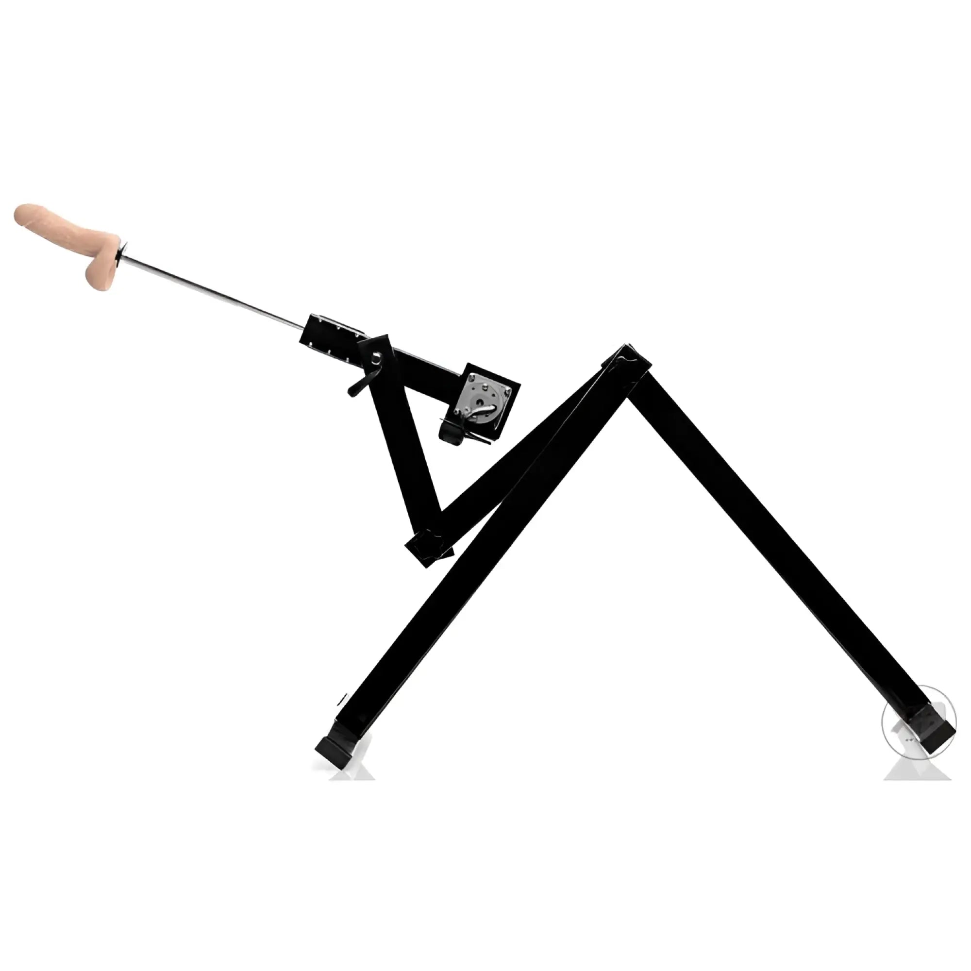 LoveBotz Matrix Multi-Angle Machine: A black, adjustable metal tripod stand with a realistic silicone dildo attachment.