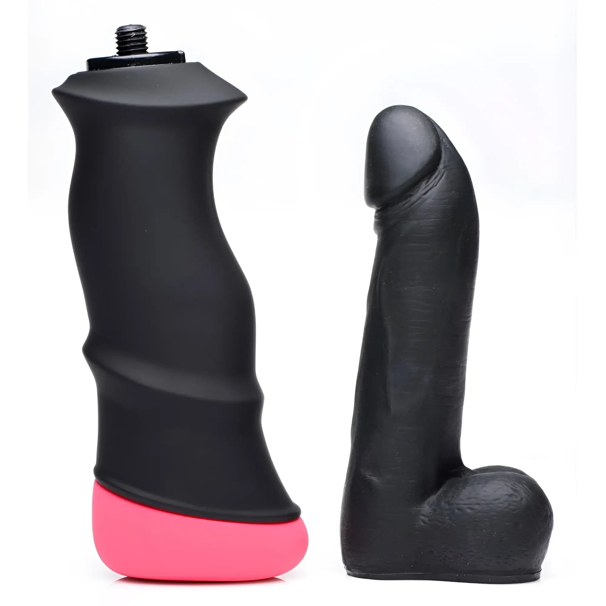 LoveBotz Mega-Pounder: A black silicone phallic attachment and a black-and-pink ergonomic hand-held base.