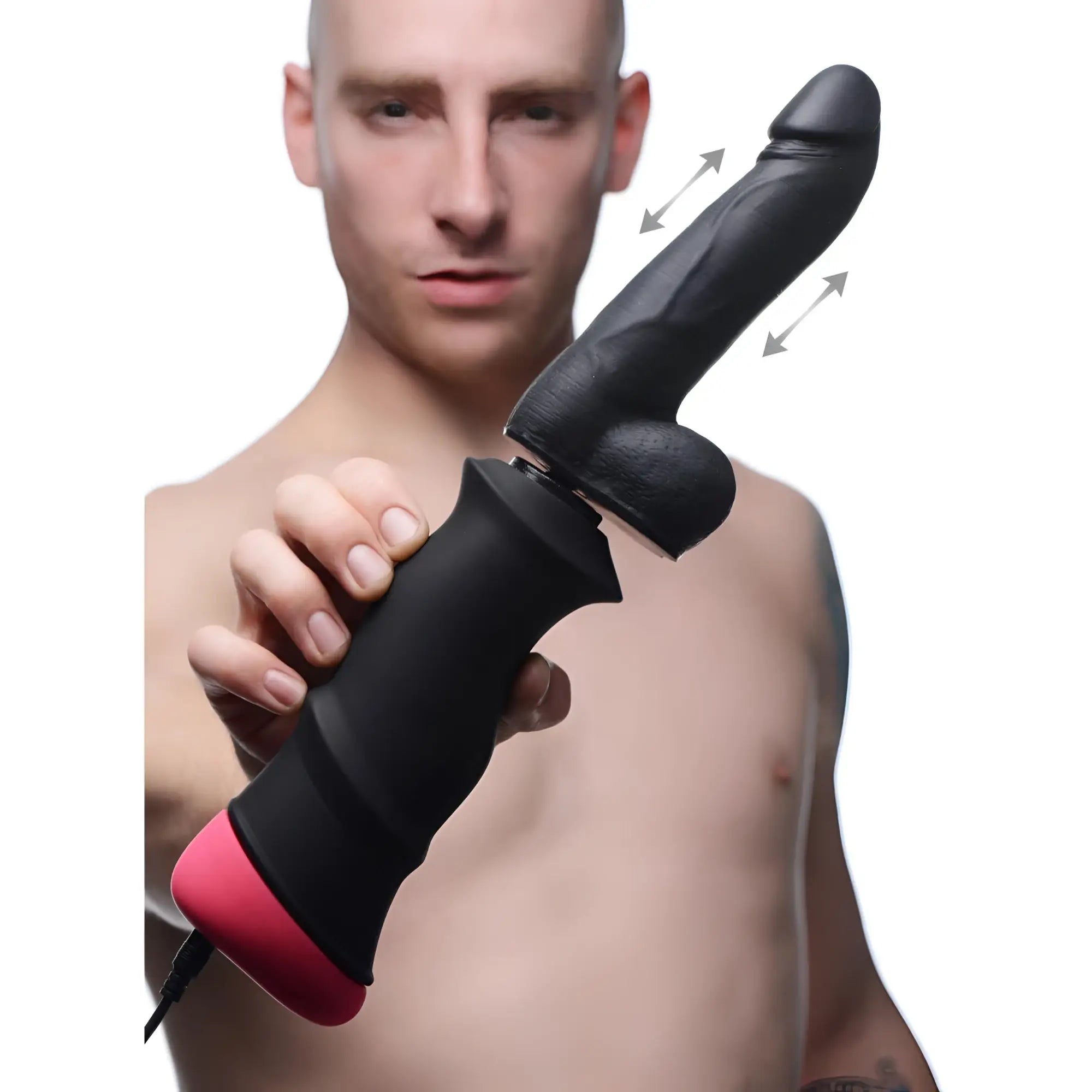 LoveBotz Mega-Pounder: A black silicone thrusting dildo with a hand-held ergonomic handle and pink base.