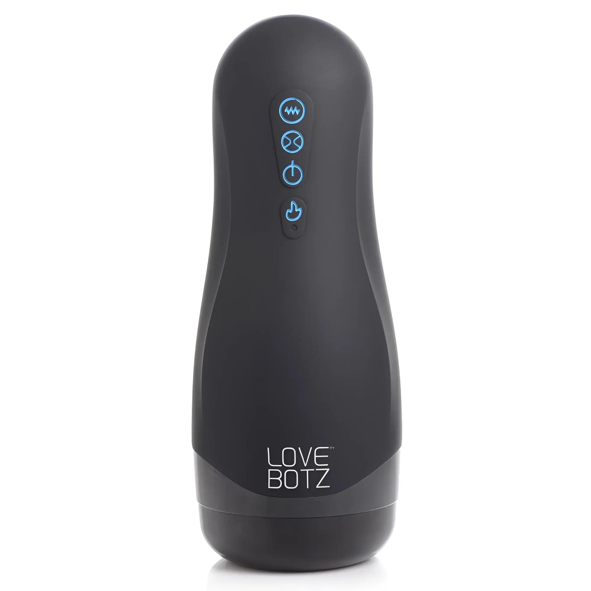 Matte black LoveBotz The Milker 15X masturbator with four blue-lit control buttons on the front and brand logo.