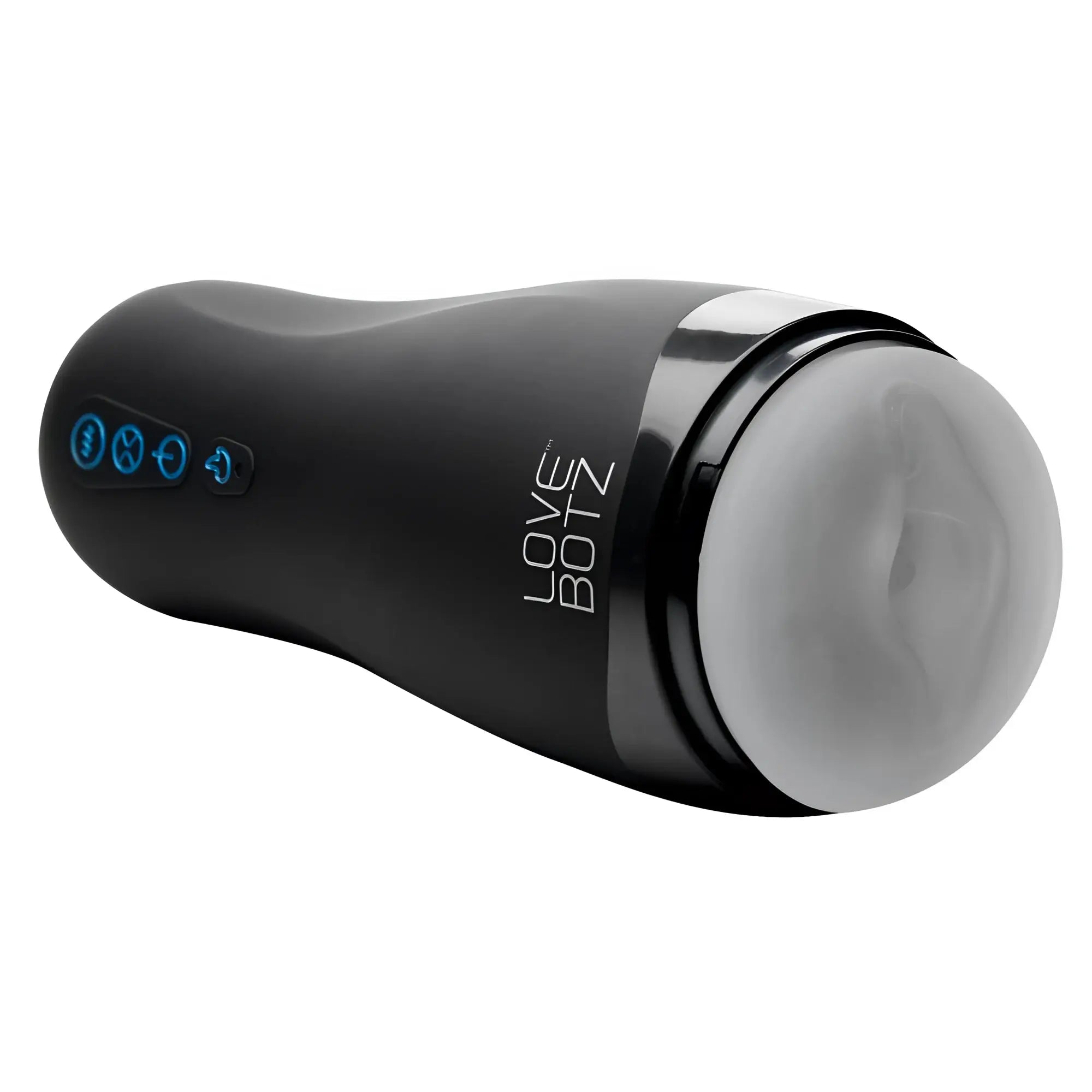 LoveBotz The Milker 15X: A sleek, matte black handheld masturbator with a white textured sleeve and blue button controls.
