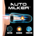 LoveBotz The Milker 15X black masturbator, featuring suction, warming, and vibration icons on a black background.