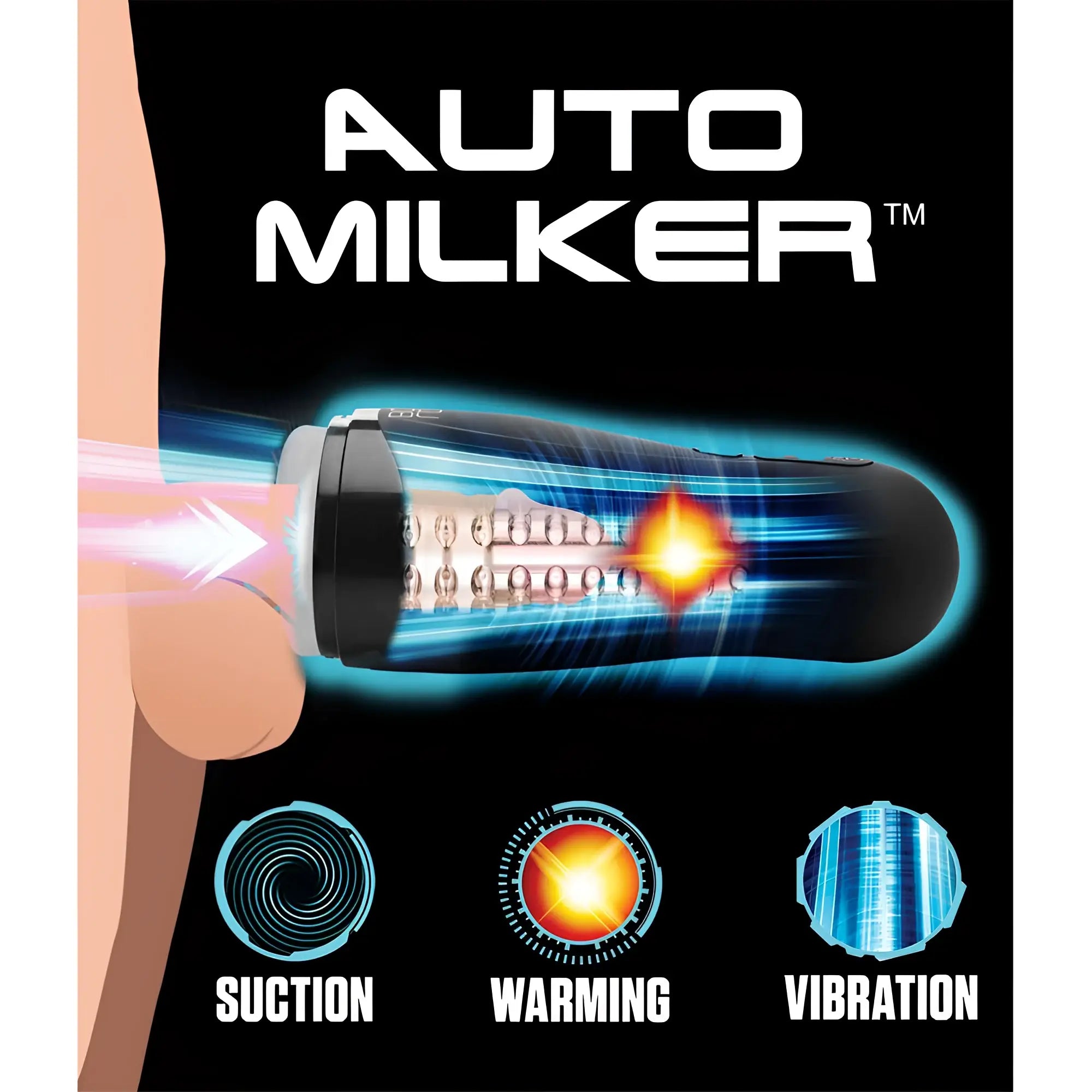 LoveBotz The Milker 15X black masturbator, featuring suction, warming, and vibration icons on a black background.