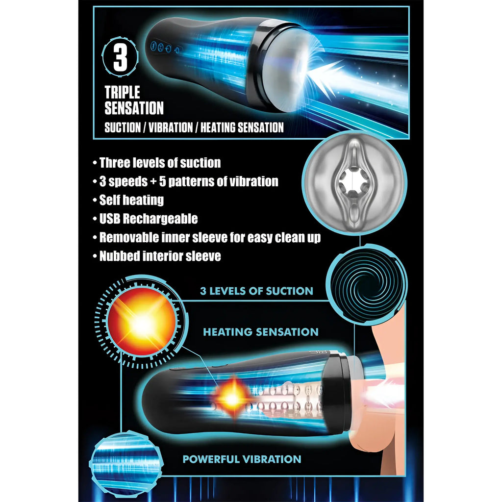 LoveBotz The Milker 15X black masturbator showing suction, vibration, and heating features with a textured inner sleeve.