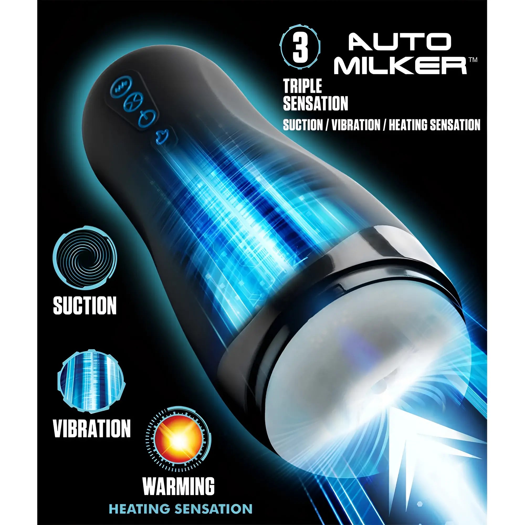 Black LoveBotz The Milker 15X masturbator with glowing blue light effects, showcasing suction, vibration, and warming.