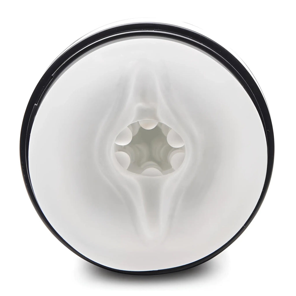 LoveBotz The Milker 15X masturbator with a clear, textured silicone inner sleeve in a circular black frame.